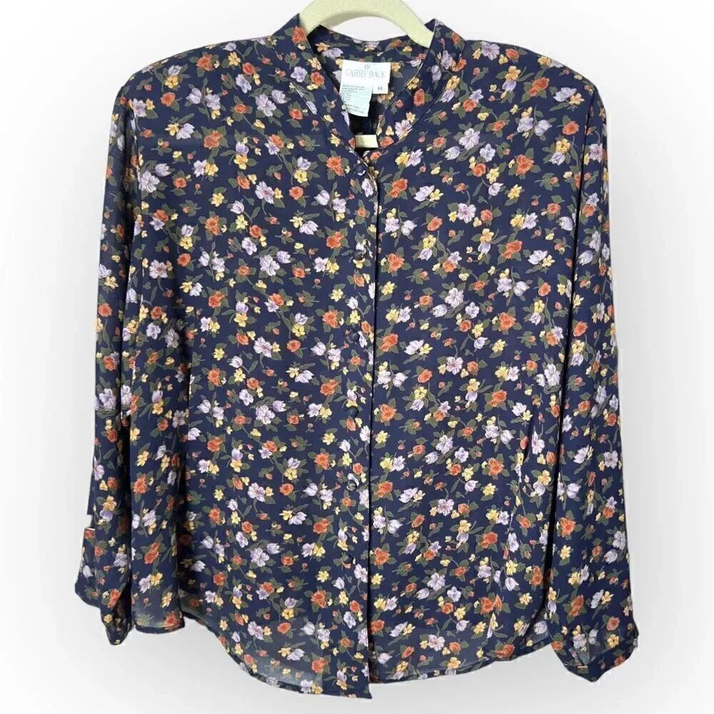 Vintage Carry Back Blue Floral button-down collared Shirt Size 14 100% polyester